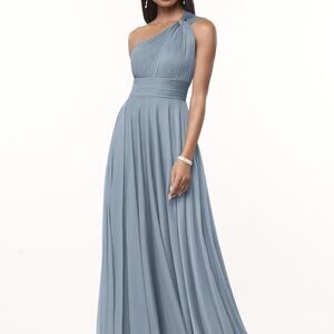 Azazie One-Shoulder Gown in Slate Blue